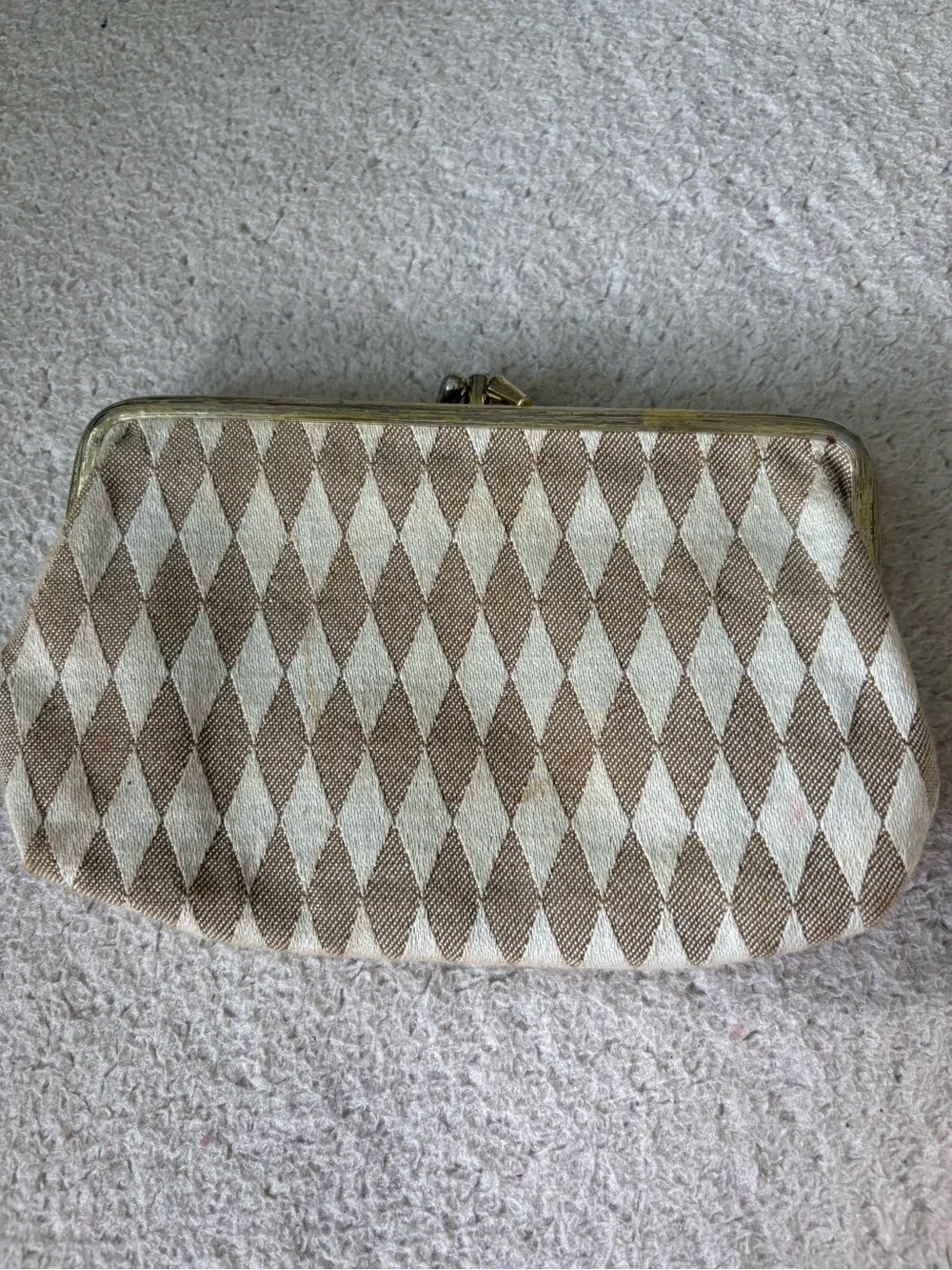 Vintage Neiman Marcus Beige & Cream Diamond Jacquard Cosmetic Clutch